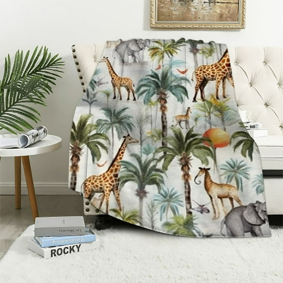 JRXY Safari Animal Throw Blanket African Jungle Animals and Palm Tree Unisex Nursery Decor Blanket, Warm Cozy Bed Couch Blanket, Soft Comfy Flannel Throws and Blankets Livingroom Bedroom White