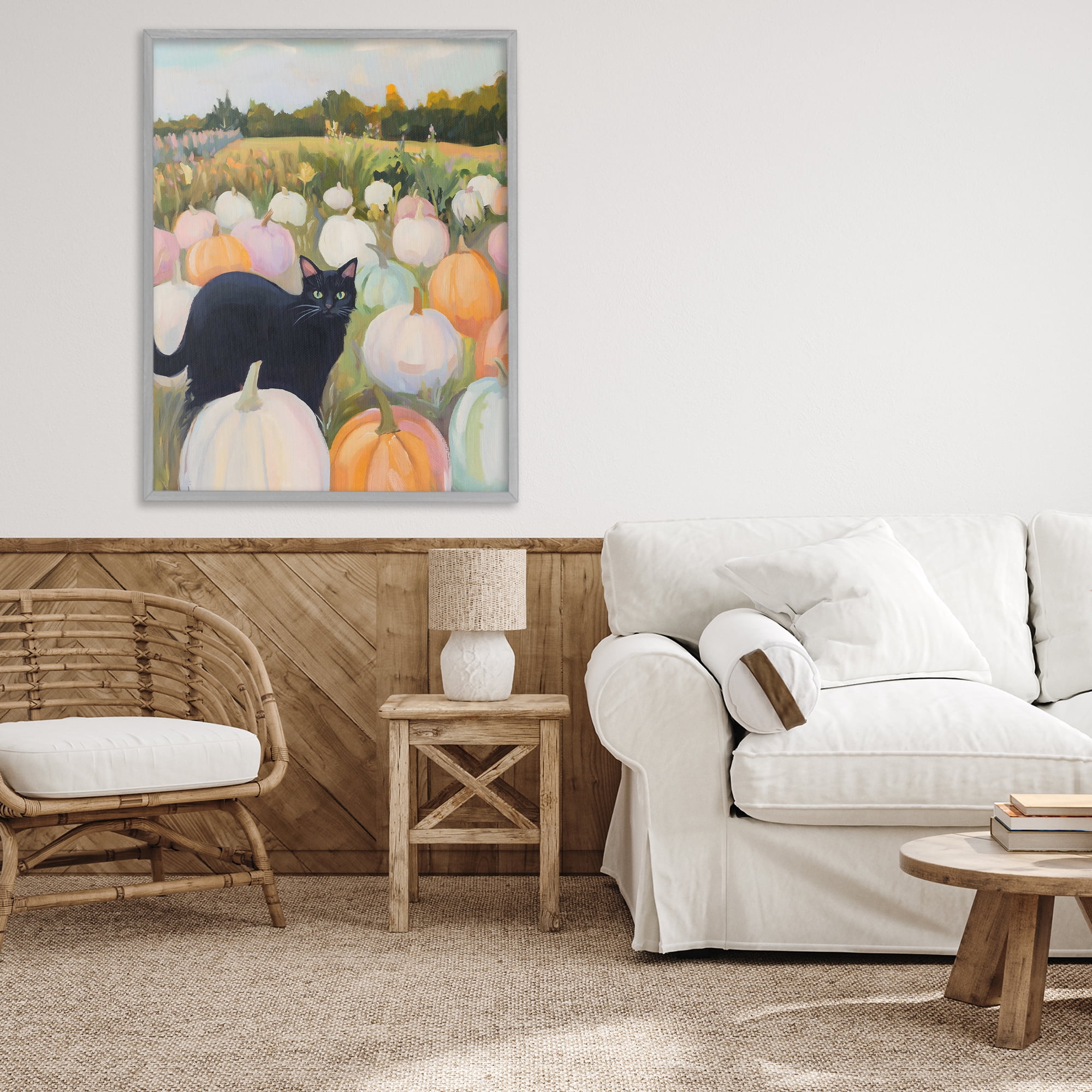 Stupell Industries Kitten & Pumpkins in Field Gray Framed Giclee Art, design by The Prints Vibe