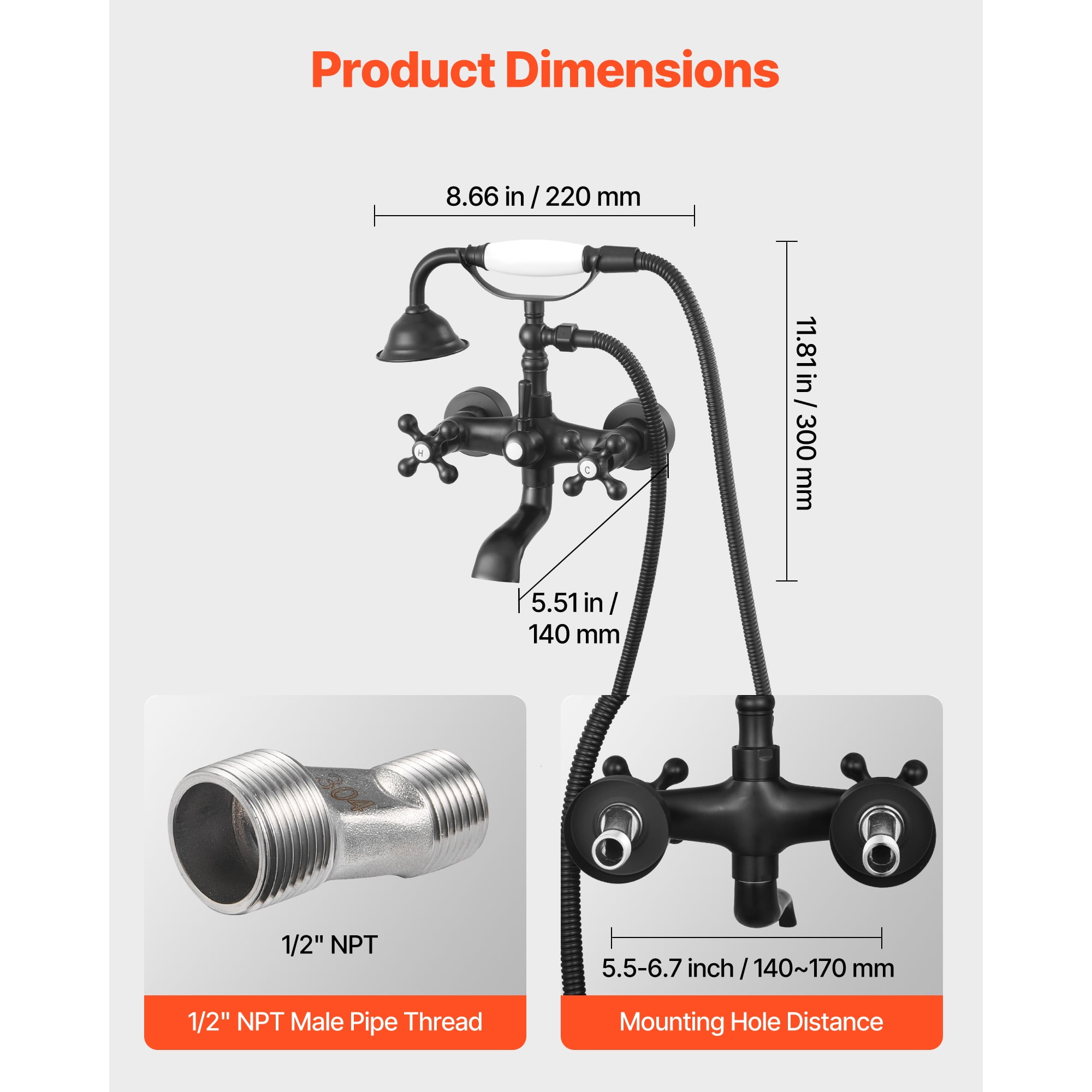 KFFKFF Wall-Mounted Clawfoot Tub Faucet with Handheld Shower, Matte Black Bathtub Filler Kit Featuring Adjustable Swing Arms and 360° Rotating Spout for Classic Bathtubs