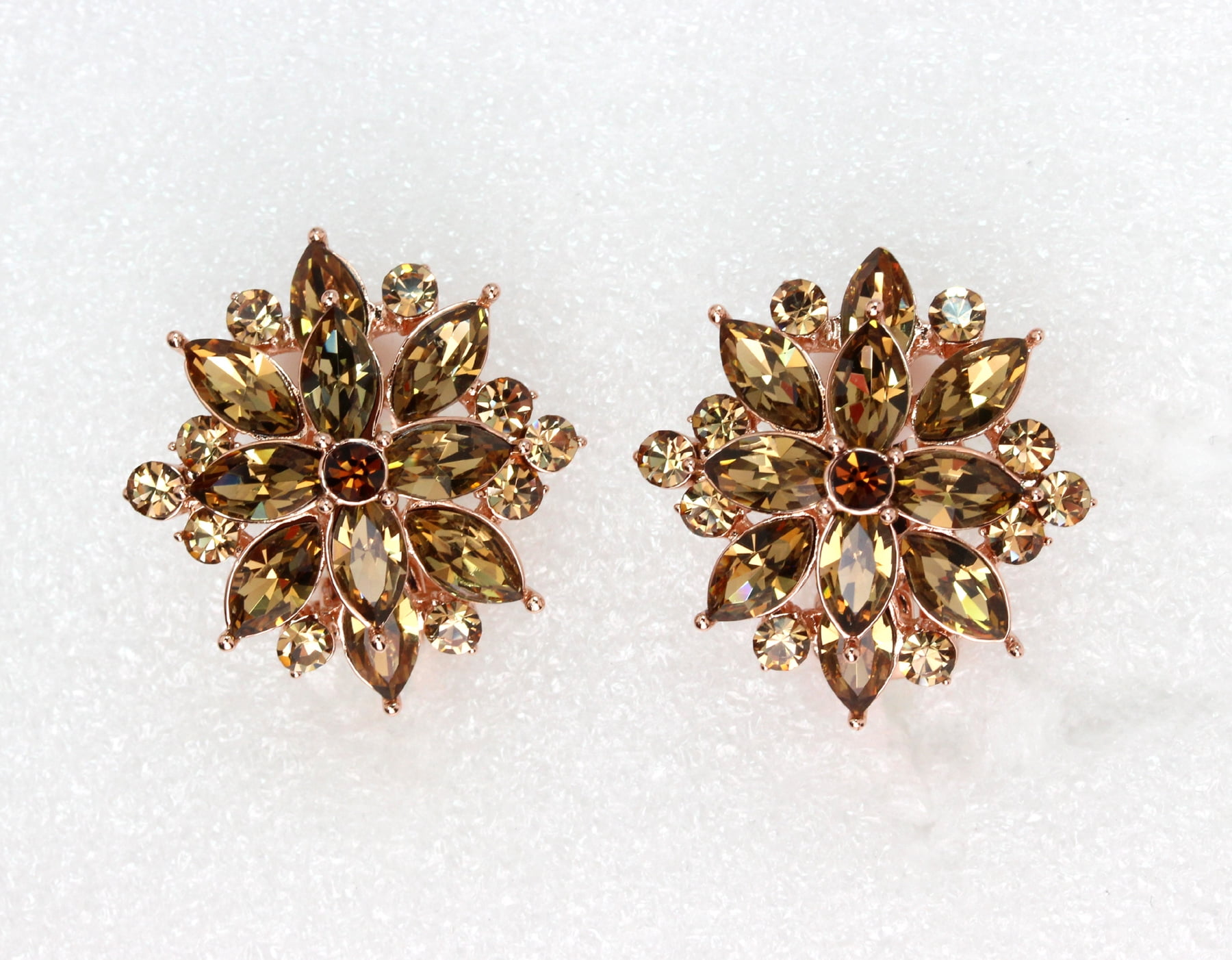 Faship Gorgeous Smoked Topaz Rhinestone Crystal Floral Clip On Style Earrings