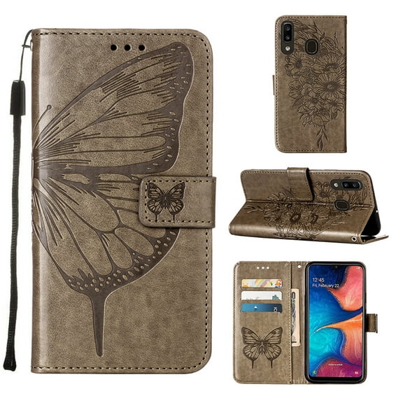Galaxy A30 / A20 Phone Case, Dteck Embossed Butterfly PU Leather Wallet Foilo Case Stand Protective Cover with Hand Strap [Built-in card slots/money pocket] for Samsung Galaxy A30 A20, Gray