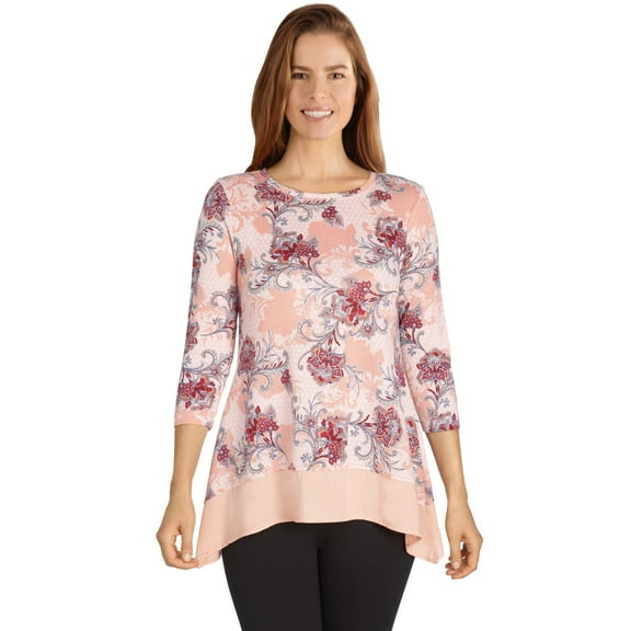 Ruby Rd. Women's Plus-Size Floral Printed Hacci Handkerchief Top Size 3X Dusty Pink Multi