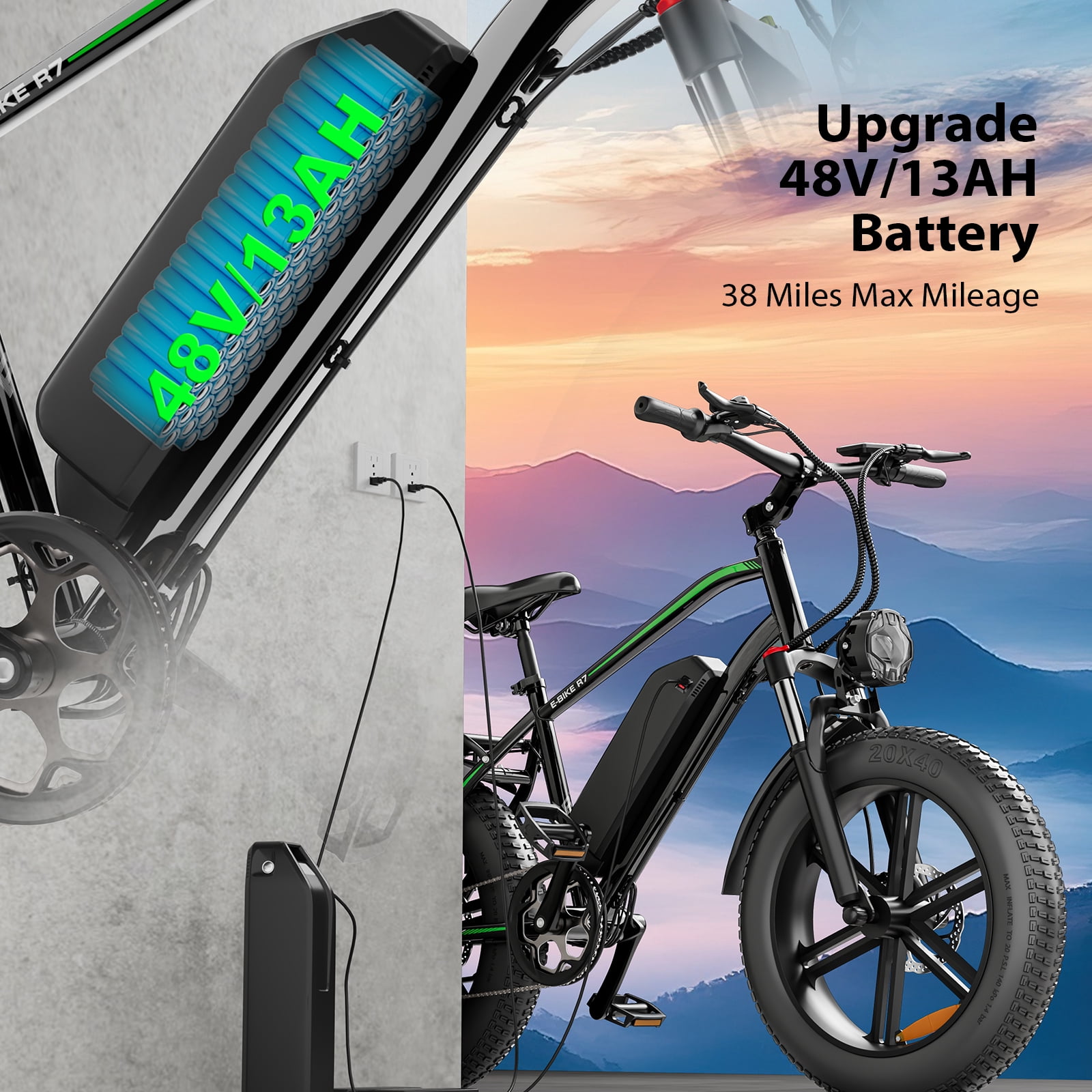 VTOKW Electric Bike for Adults, Peak 1000W Electric Bicycles for Adults, 20X4.0" Fat Tire Ebike, 48V/13AH Battery, 25MPH E-Mountain Bike, 7-Speed Front Suspension Ebike for Adults UL2849