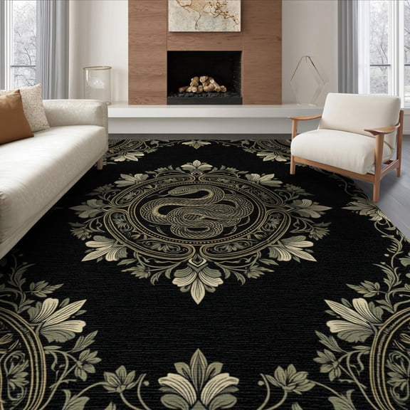 ODIKA 8'x10' Washable Area Rug Non-Shedding, Easy Care, Snake Covering Coiled Motif Symmetrical Border Ornamental Forest for King Size Bedroom Under Bed, Master Suite