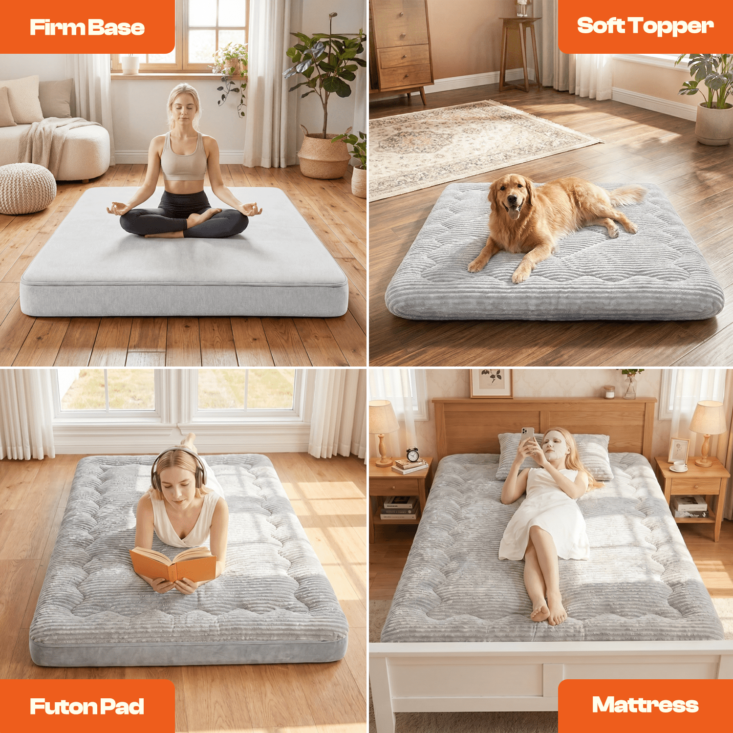 Japanese Futon Mattress, 6 Inch Double Layer Corduroy Floor Bed with High-Density Foam, Foldable Tatami Mat for Sleeping, Portable Guest Bed for Adults Kids Camping, Gray, Full Size