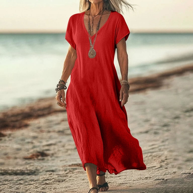 Axiiglly Dresses for Women Summer Plus Size Maxi Dresses Short Sleeve V  Neck Long Sundress Solid Color Flowy Beach Dress - Walmart.com