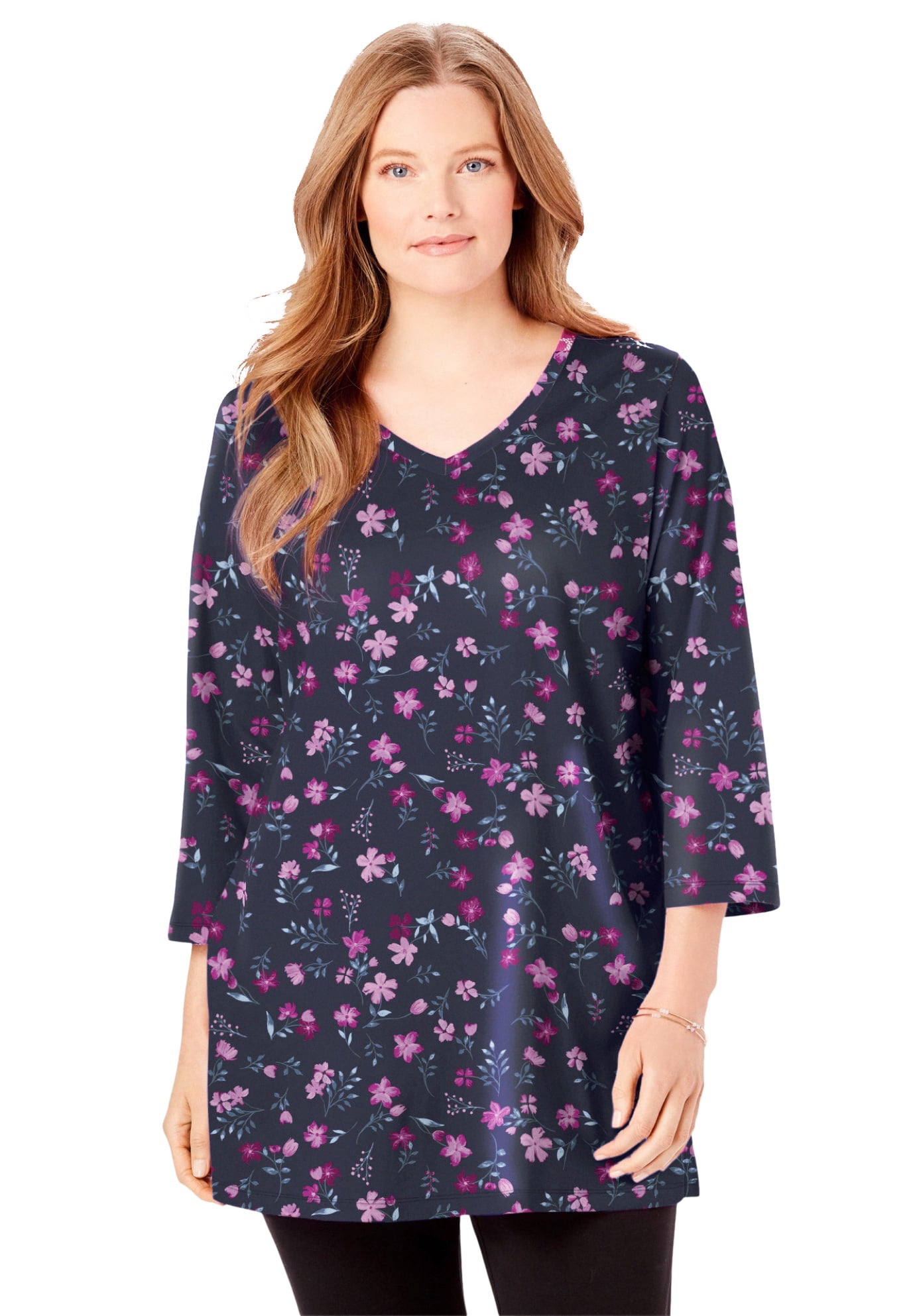 Woman Within Women's Plus Size Perfect Printed Three-Quarter-Sleeve V-Neck Tunic Woman Within Women's Plus Size Perfect Printed Three-Quarter-Sleeve V-Neck Tunic