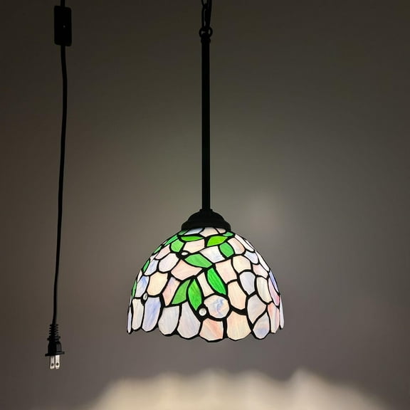 Tiffany Mini Hanging Lights Plug In Purple Stained Glass Green Leaves LED Bulb 8”W*8”D*60”H