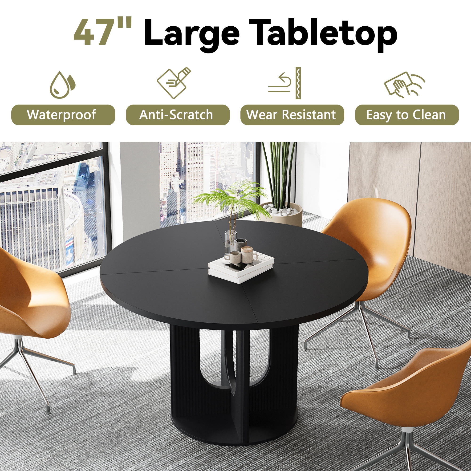 PHOYAL 47 inch Round Dining Table, Circle Kitchen Table for 4-6, Large Wood Dinner Table, Wooden Fluted Pedestal Dinning Table for Dining Room, Mid Century Modern Style, Black