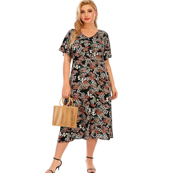 Hotian Women Black Plus Size V-Neck Dress, High Waist Floral Casual Midi Dress 3XL/US18 (one size smaller)