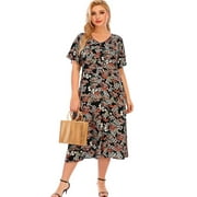 Hotian Women Plus Size V-Neck Casual Dress, High Waist Floral Midi Dress 5XL/US22 (one size smaller)