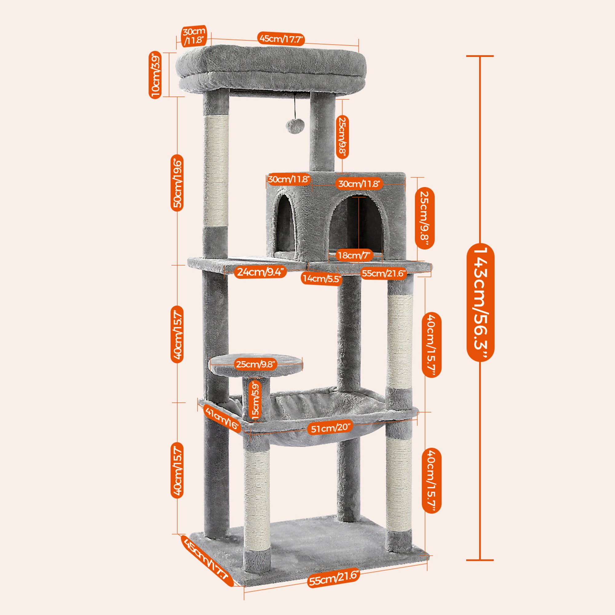 Kadyn 56" Multi-Level Cat Tree Tower for Indoor Cats with Sisal Scratching Posts, Cozy Cat Condo, Large Hammock and Plush Perches Cat Tree House for Large Cats, Dark Gray