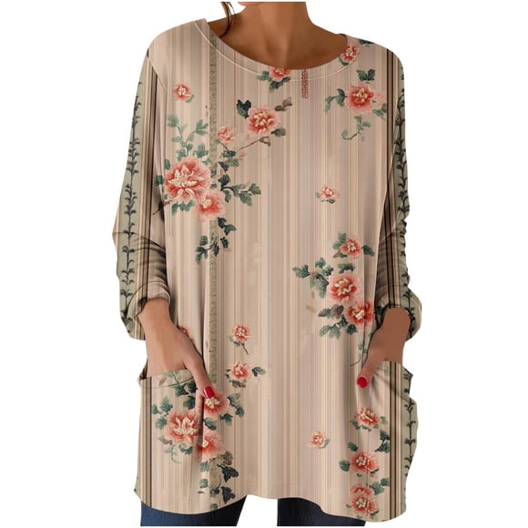 Women's Vintage Top, Long Sleeve Printed Blouse, Casual Loose Fit Shirt with Pockets, Round Neck Everyday Comfort Wear