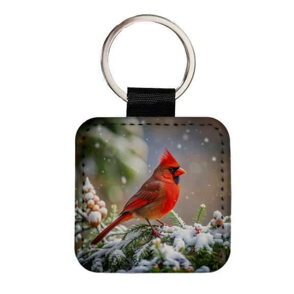 Cardinal In Winter Backyard Bird Faux Leather Square Keychain