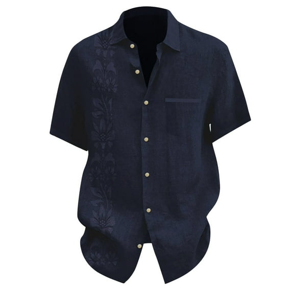 Hpapadks Mens Shirt Short Sleeve Striped Lapel Button Down Tops with Pocket Hawaii Holiday Beach Loose Mens Dress Shirt Dark Blue L