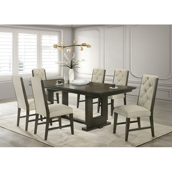 7pc Dining Set Extendable Table Tufted Beige Chairs Dark Brown Finish Solid Wood