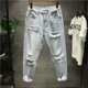 thumbnail image 4 of Pantalones harén de estilo hip hop para hombre, color azul claro, con agujeros, rotos, de pierna ancha, estilo coreano, tallas XS, 4 of 4