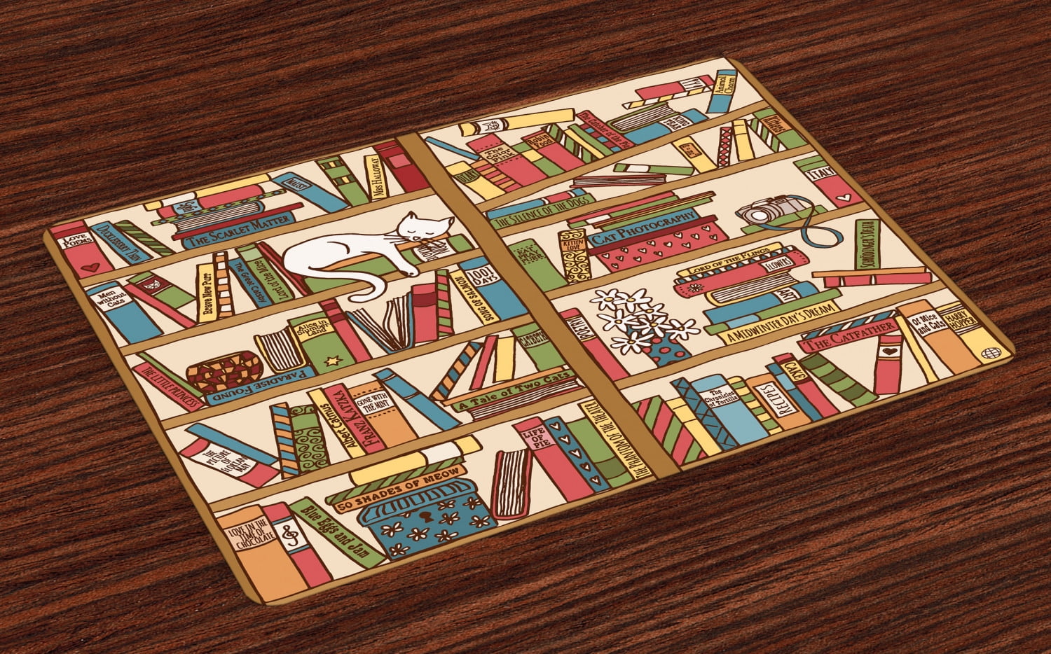 Cat Placemats Set of 4 Nerd Book Lover Kitty Sleeping Over Bookshelf in Library Academics Feline