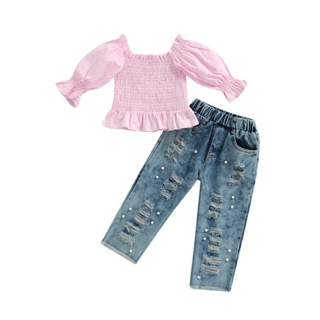 

Nokpsedcb Toddler Kids Girls 2Pcs Outfits Solid Color Lantern Long Sleeve Ruched Tops + Beaded Ripped Jeans Sets Pink 2-3 Years