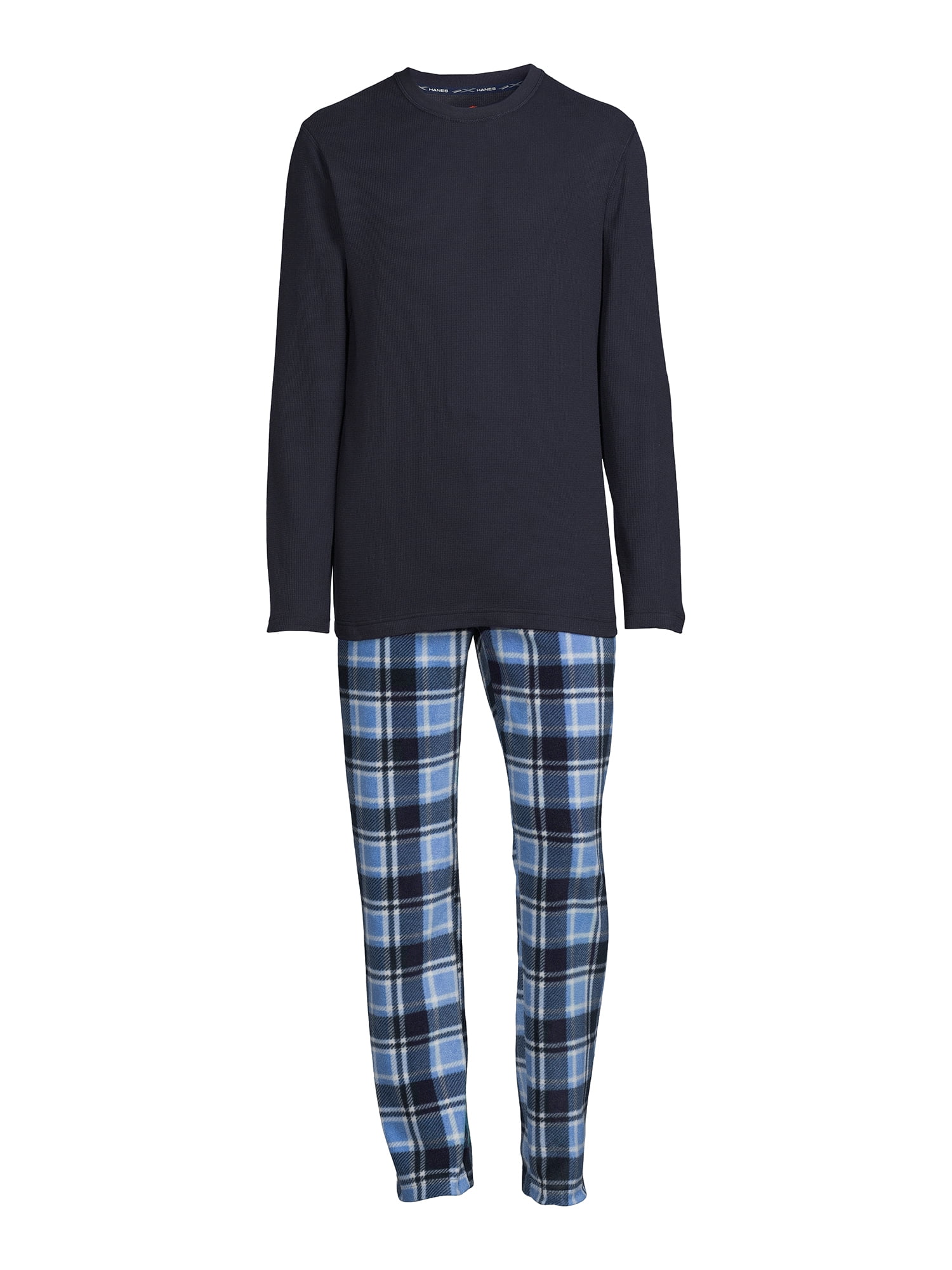 Hanes Men's and Big Men's Long Sleeve Waffle Sleep Top and Fleece Pajama Pants Set, 2-Piece