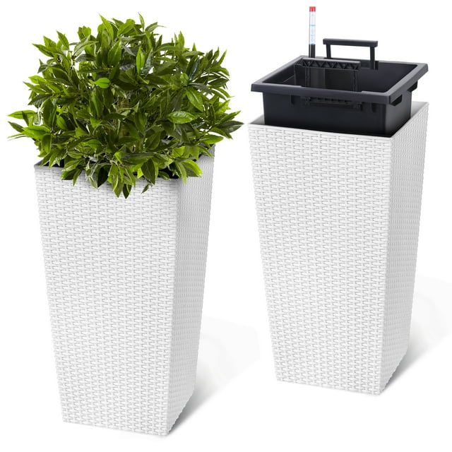 BeesClover Rattan Planter, 22.4 Inch Tall Large Flower Pots with Trays, Water Level Monitor & Wheels for Indoor Outdoor Patio Porch Living Room Home Office Set of 2