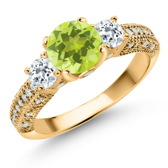 Gem Stone King 18K Yellow Gold Plated Silver Yellow Lemon Quartz White Topaz and White Moissanite Engagement Ring for Women (1.94 Cttw, Gemstone, Round 7MM and 4MM, Size 9)