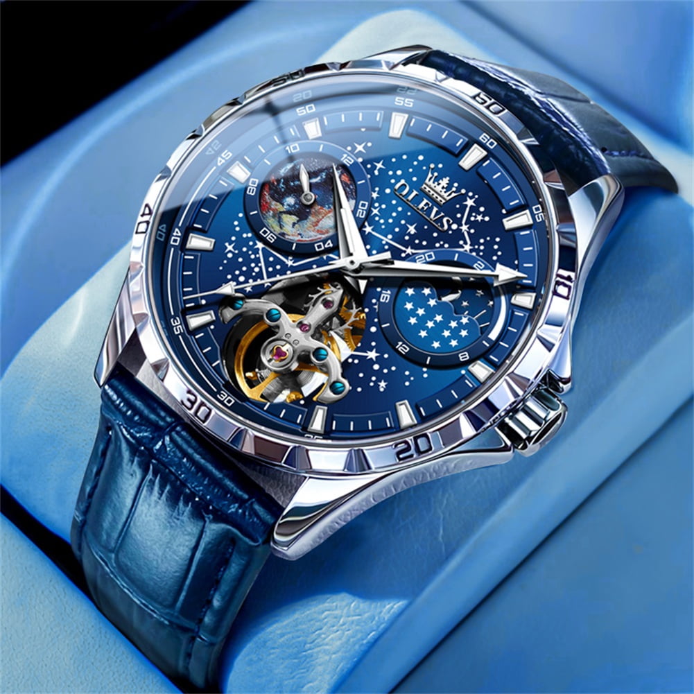 OLEVS Automatic Watches for Mens Starry Sky Skeleton Tourbillon Self Winding Mechanical Moon Phase Luminous Waterproof Luxury Dress Mens Wrist Watches Gifts Reloj Para Hombre Black/Blue/Green
