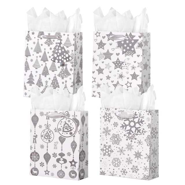 Paquete de 12 bolsas de regalo SHIPKEY plateadas para Navidad, 26 x 10 x 32 cm