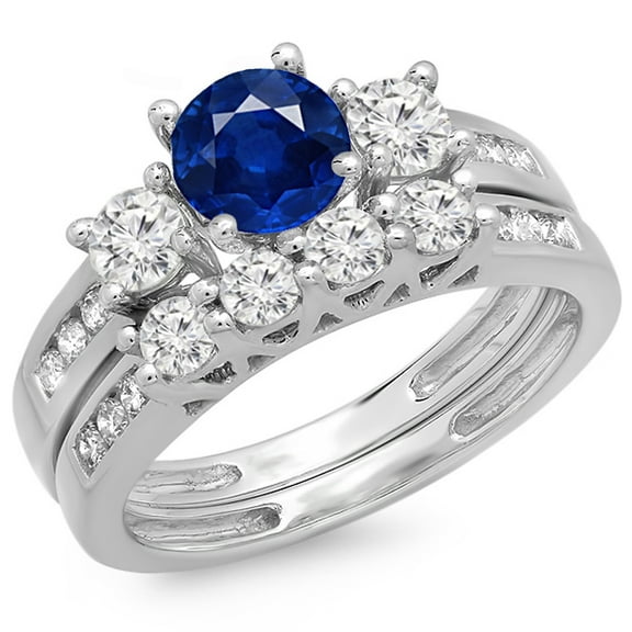 Dazzlingrock Collection 14K Round Blue Sapphire & White Diamond Ladies Bridal 3 Stone Engagement Ring Set, White Gold, Size 7