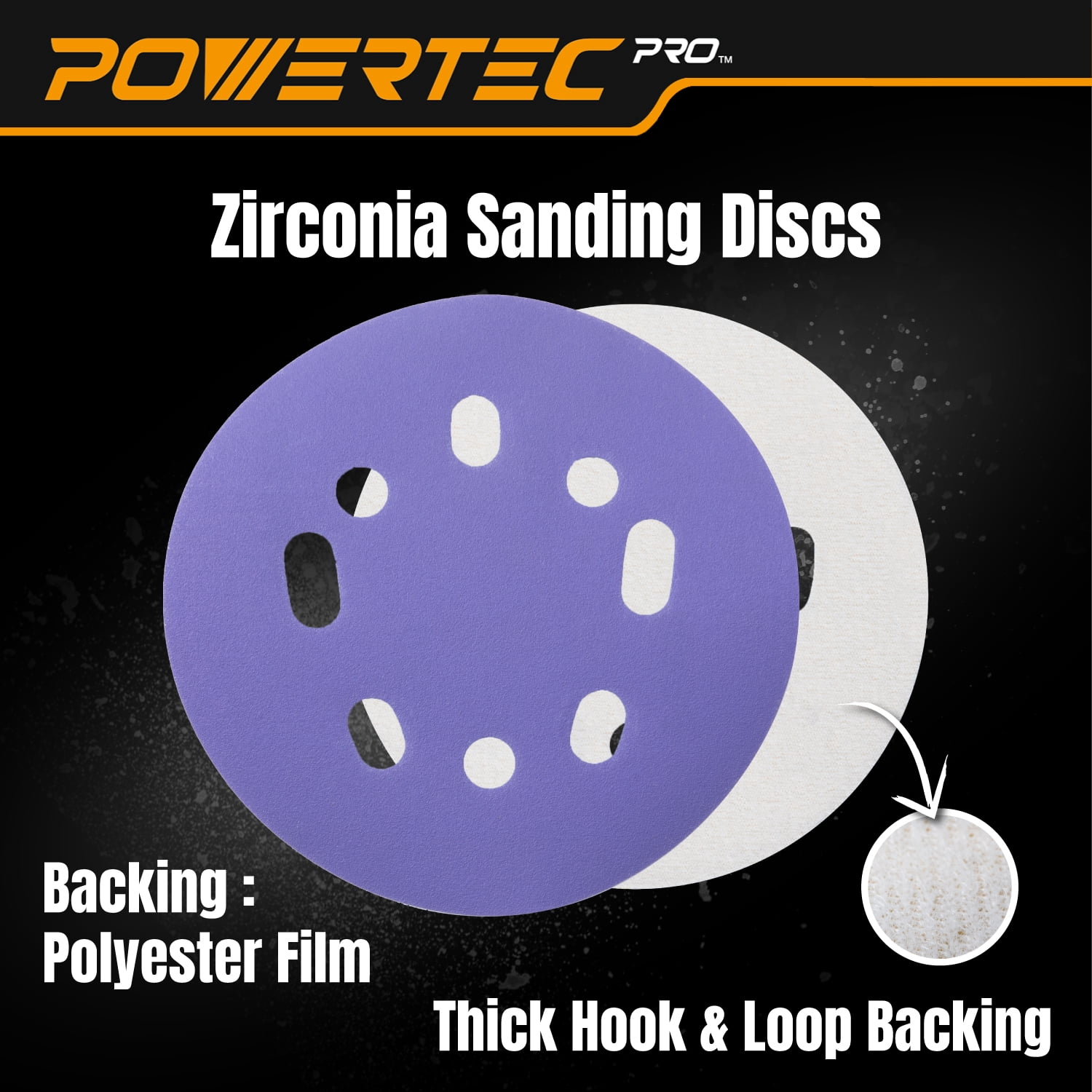 POWERTEC PRO 50PK, 5 Inch Sanding Discs Hook and Loop, 40/60/80/120/220 Grit, Zirconia Orbital Sander Sandpaper for 5 & 8 Hole Random Orbital Sanders-Automotive, Paint, Metal, Woodworking (45300Z-50)