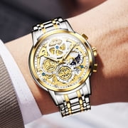 OLEVS Watches for Men Business Dress Luxury Analog Quartz Chronograph Two Tone Gold Plated Stainless Steel Waterproof Luminous Date Casual Mens Wrist Watches Reloj Para Hombre