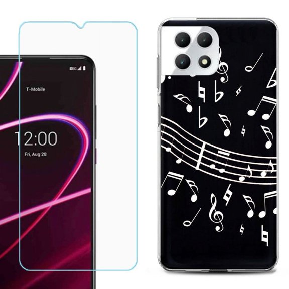 Phone Case for T-Mobile Revvl 7 5G, Shockproof Case Cover with Tempered Glass Screen Protector, by OneToughShield - Music Notes / Black