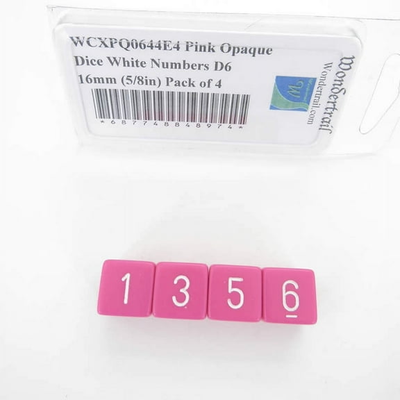Pink Opaque Dice with White Numbers D6 Aprox 16mm (5/8in) Pack of 4 Wondertrail