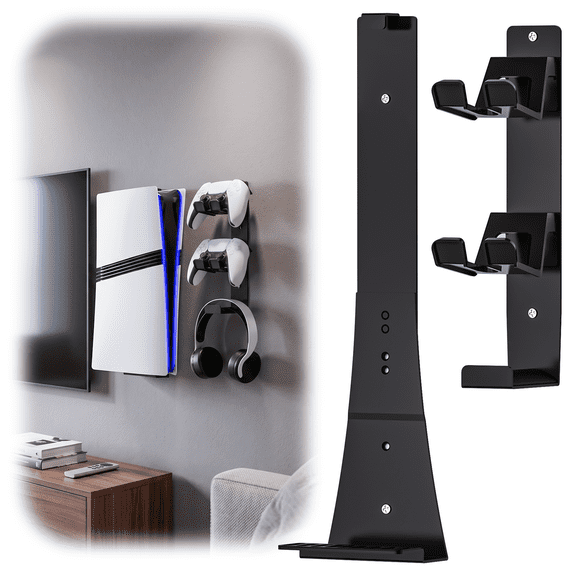 PS5 Wall Mount with 2 Controller Holders, Sturdy Metal Console Holder Compatible with PlayStation 5/ PS5 Slim/ PS5 Pro Disc & Digital Editions, Black
