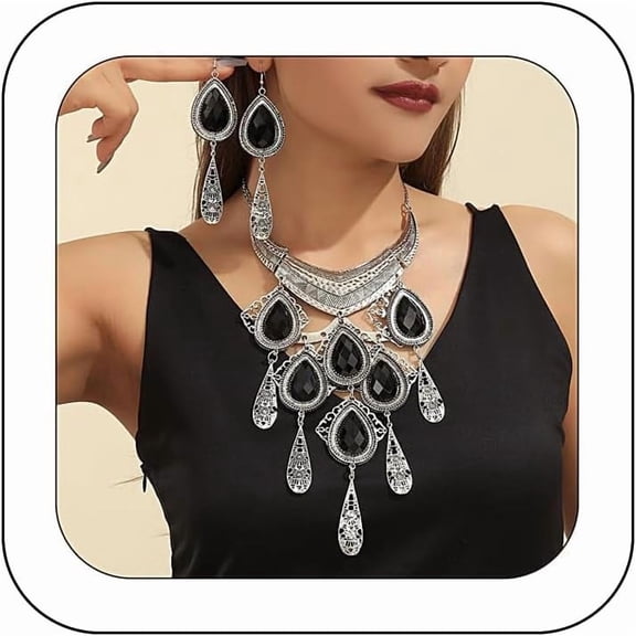 Boho Indian Ethnic Chunky Jewelry Set for Women Long Tassel Tribal Turquoise Coin Necklace Vintage Gold Dangle Drop Earrings Exaggerated Costume Accessories[q454]