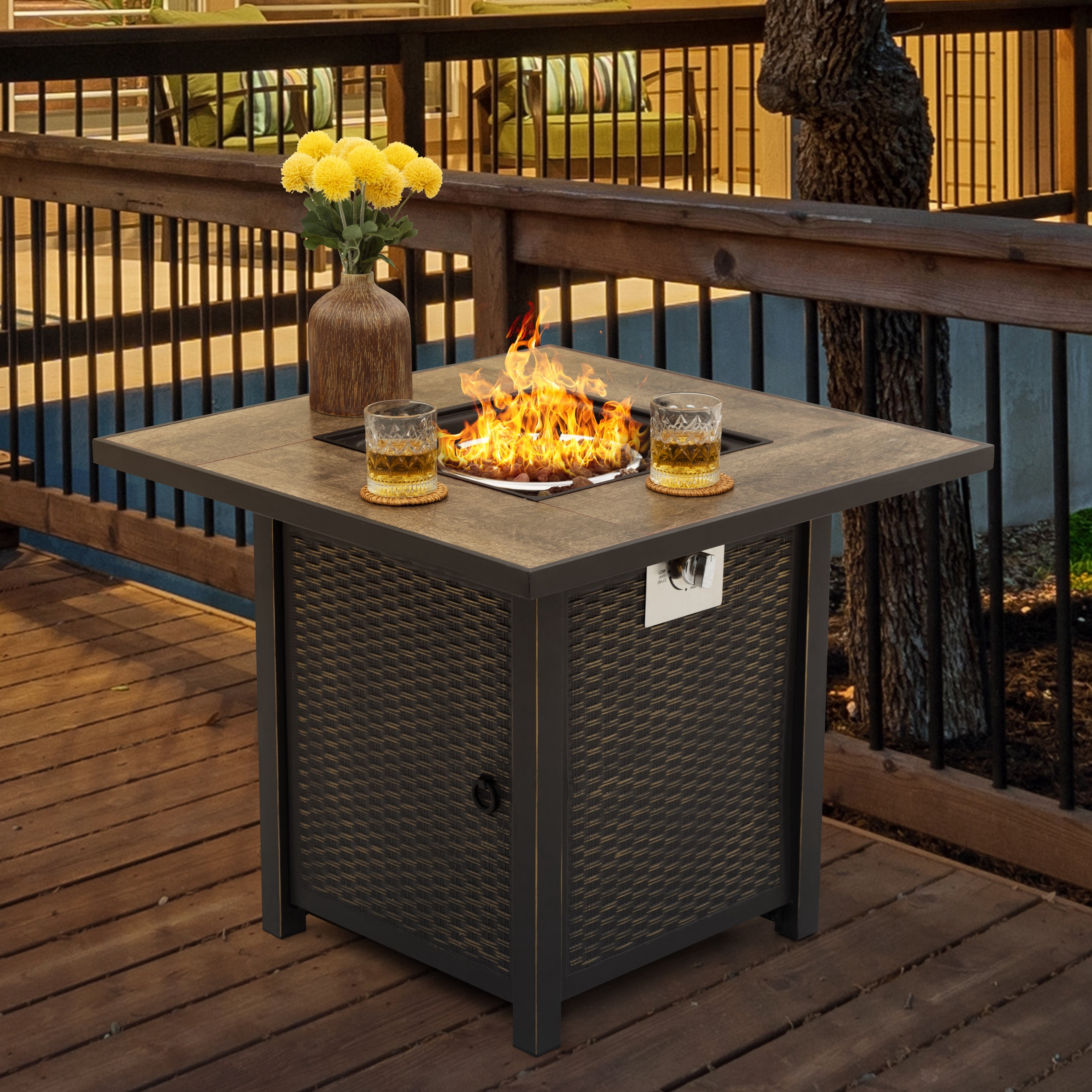 Nuu Garden 30'' Patio Fire Pit Table, 50,000 BTU Propane Gas Fire Pit for Outside Patio, With Lid and Lava Rocks, Ceramic Tile Tabletop, Black