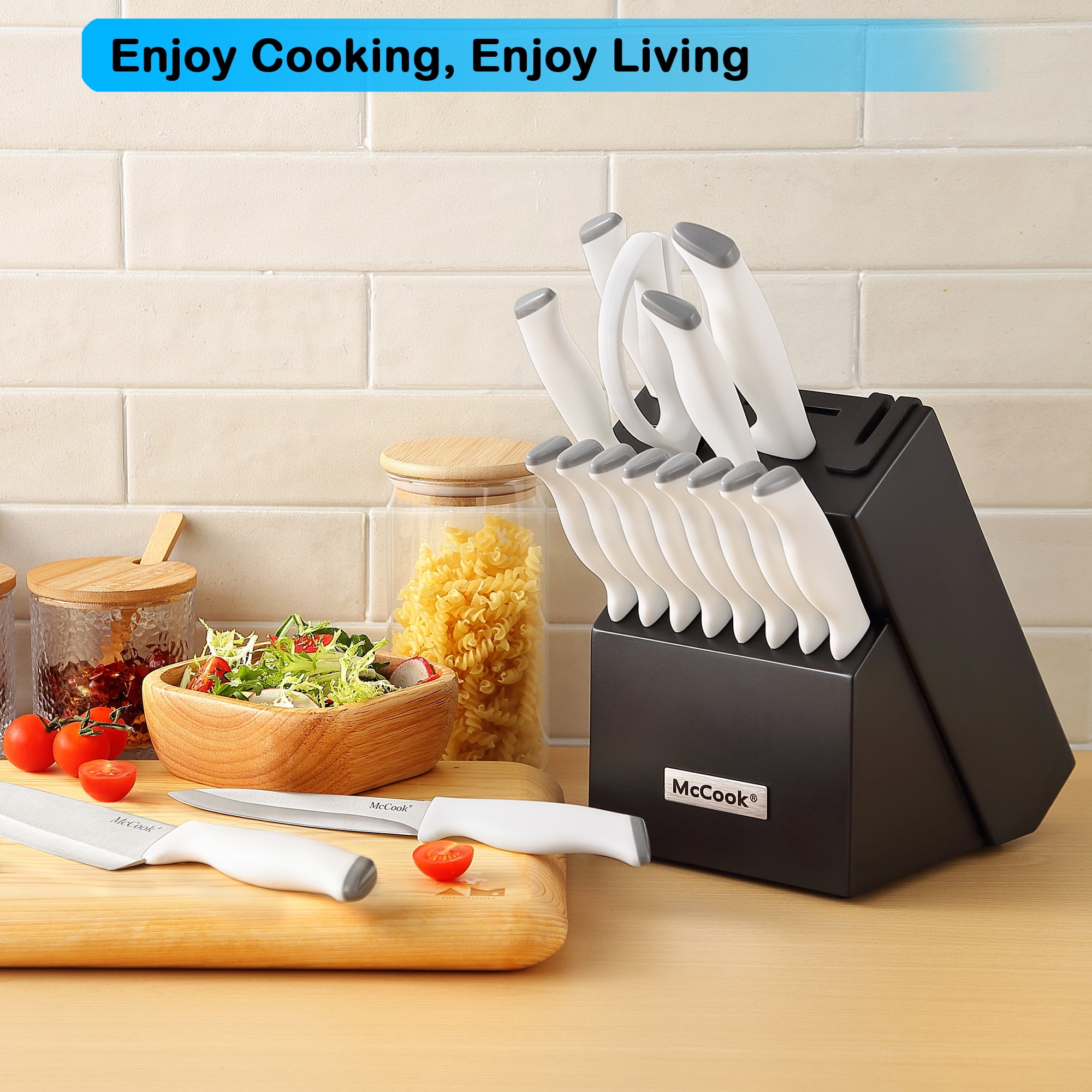 McCook Knife Set with Block, 26PCS Ultra- Sharp Cutlery Knife Set with Steel Blades for Precise Cutting,8 Steak Knives with Built-in Knife Sharpener,Measuring Cups and Spoons