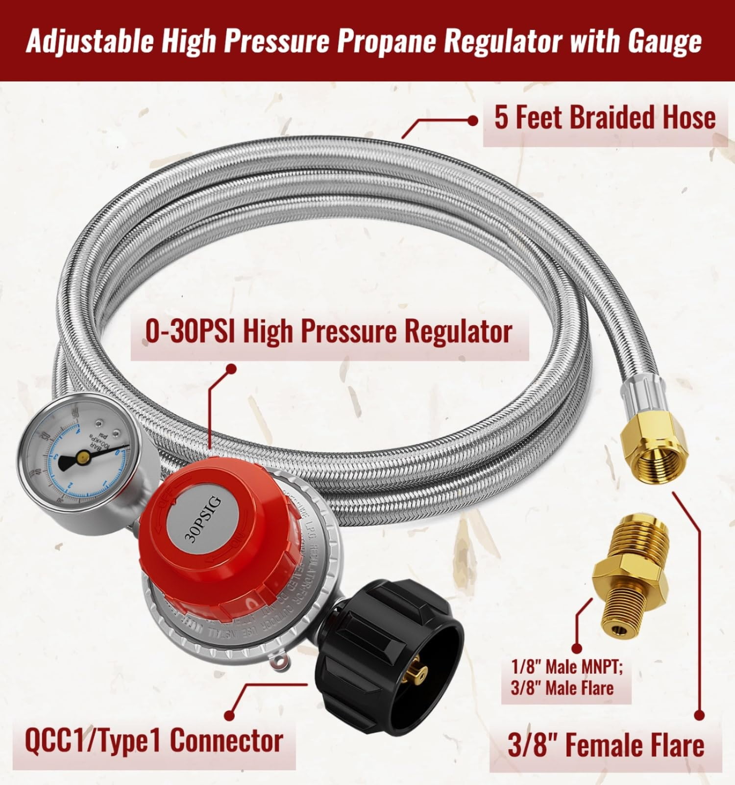 GBAYXJ 5FT High Pressure Propane Regulator Hose With Gauge 0~30 Adjustable Propane Tank Regulator Stainless Fit For Turkey Fryer，Fish Fryer，Propane Burner，Fire Forge And Stainless steel(A)