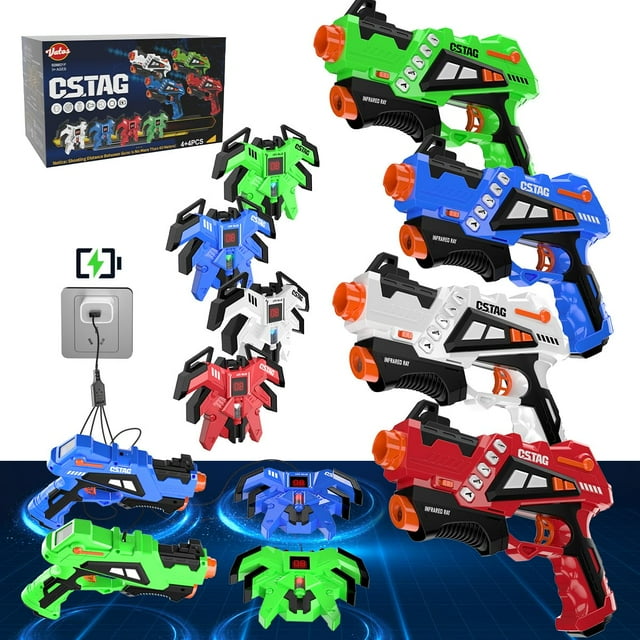 set de pistolas infrarrojas recargables vatos para 4 jugadores con chalecos Multicolor, vista 3/4 de cuatro pistolas en verde, azul, blanco y rojo con boquilla naranja, empuñadura negra texturizada y botones de modo; cuatro chalecos LED a juego con paneles de detección, caja del producto y símbolo de carga USB visibles; ideal para batallas multijugador en patio o interior y también adecuado para prácticas tácticas en equipo.
