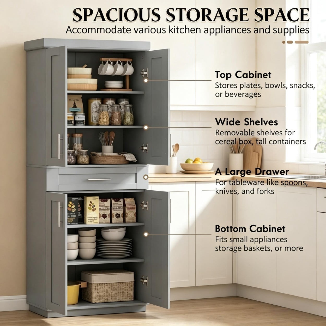 72" Tall Kitchen Pantry Cabinet with Drawer & Adjustable Shelves, Freestanding Storage Cabinet with Doors, Modern Farmhouse Cupboard Organizer for Kitchen Dining Room Living Room, Gray