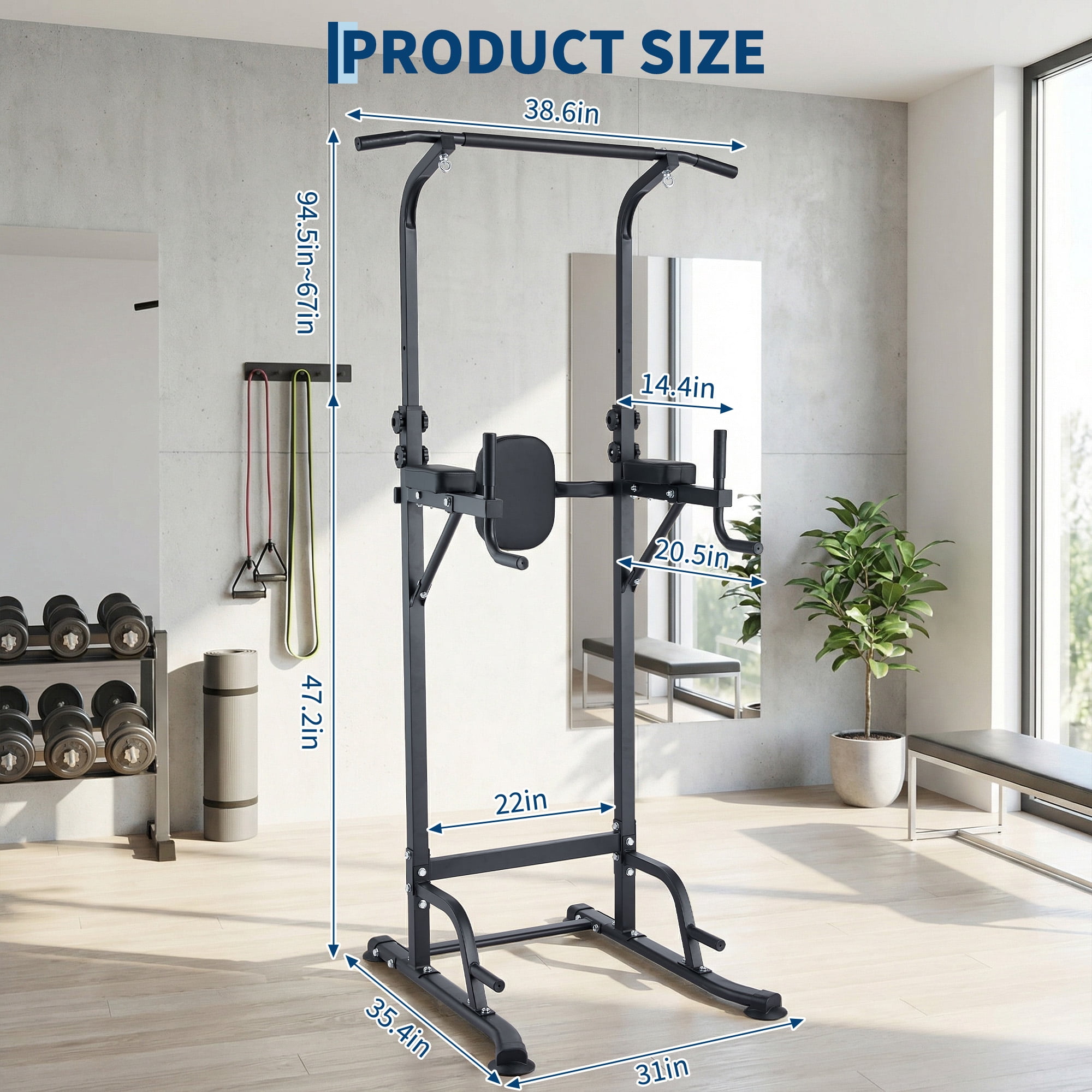 Multi-Function Power Tower Pull Up Bar Station with Backrest, Adjustable Height Strength Training Equipment for Gym, Heavy Duty Pull Up Dip Station
