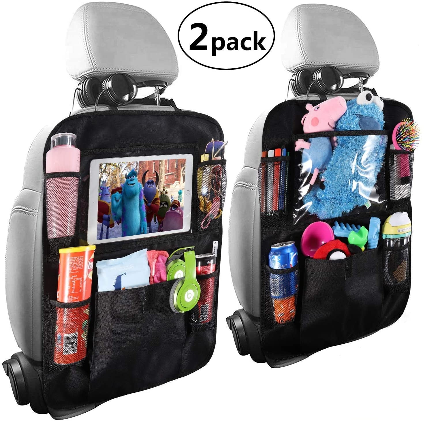 HUGS IDEA 2 Packs Car Seat Organizer Funny Cat Puzzle Printed Car Seat Back Protection Cover with 3 Large Storage Pockets Travel Accessories 