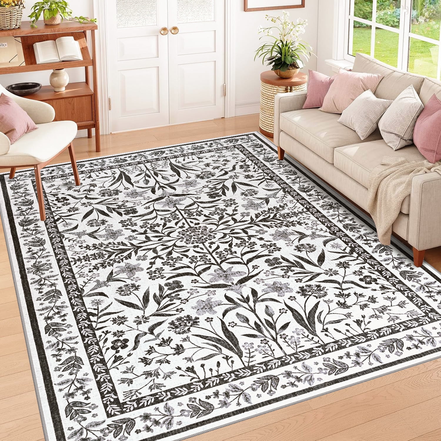 Astorug 6x9 Ft Black Floral Area Rug - Machine Washable Low Pile Non-Slip Carpet, Boho Vintage Farmhouse Decor for Living Room, Bedroom, Nursery & Office