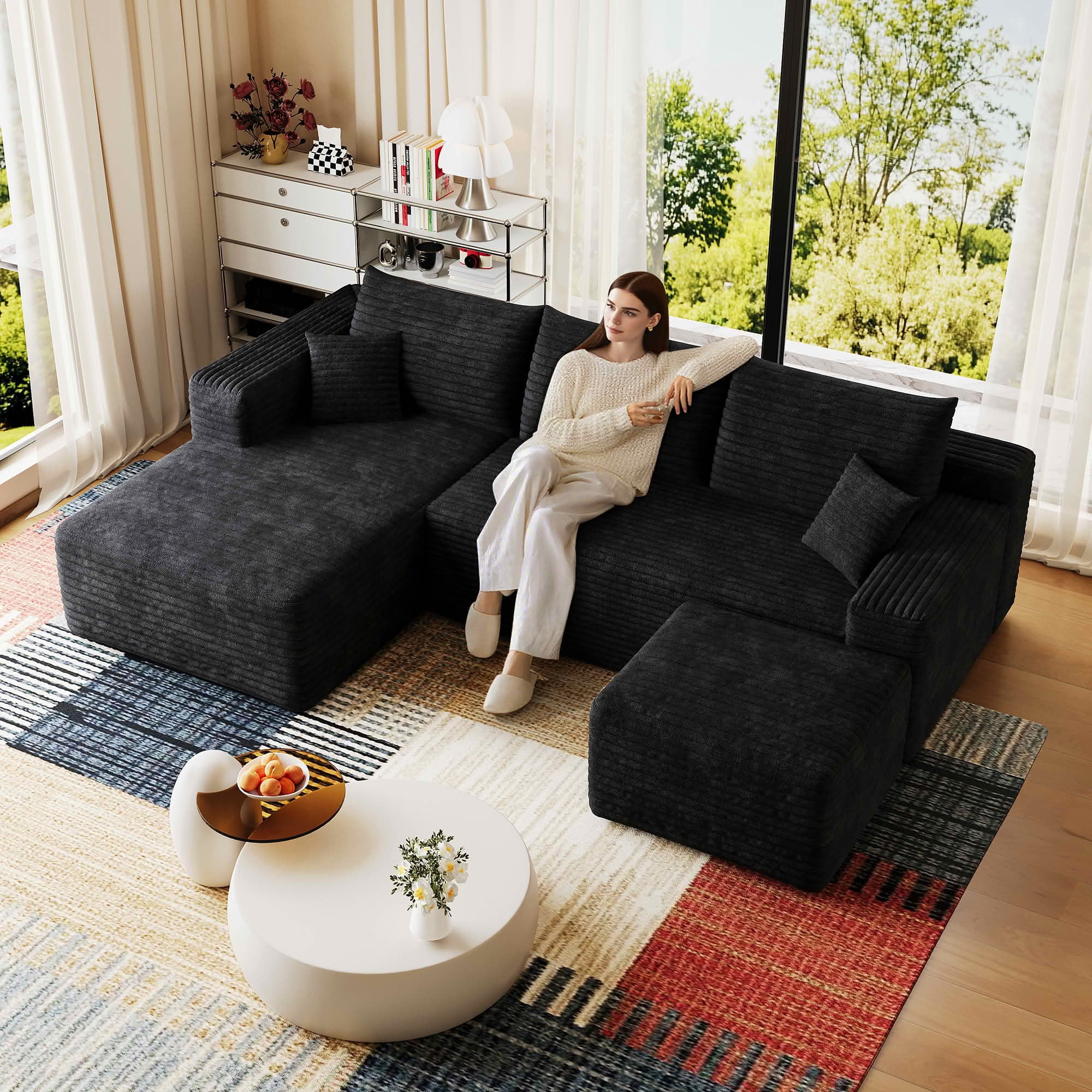 MAYEERTY 95" Corduroy U-Shaped Sectional Sofa with Ottoman, Deep Seat Cloud Couch, No Assembly Leisure Sofa for Home