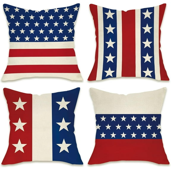 4th of July Patriotic Decorative Throw Pillow Covers 16 x 16 Set of 4, America USA Red White Blue Stripes Stars Porch Outdoor Pillowcase, American Independence Day Cushion Case Home Decor