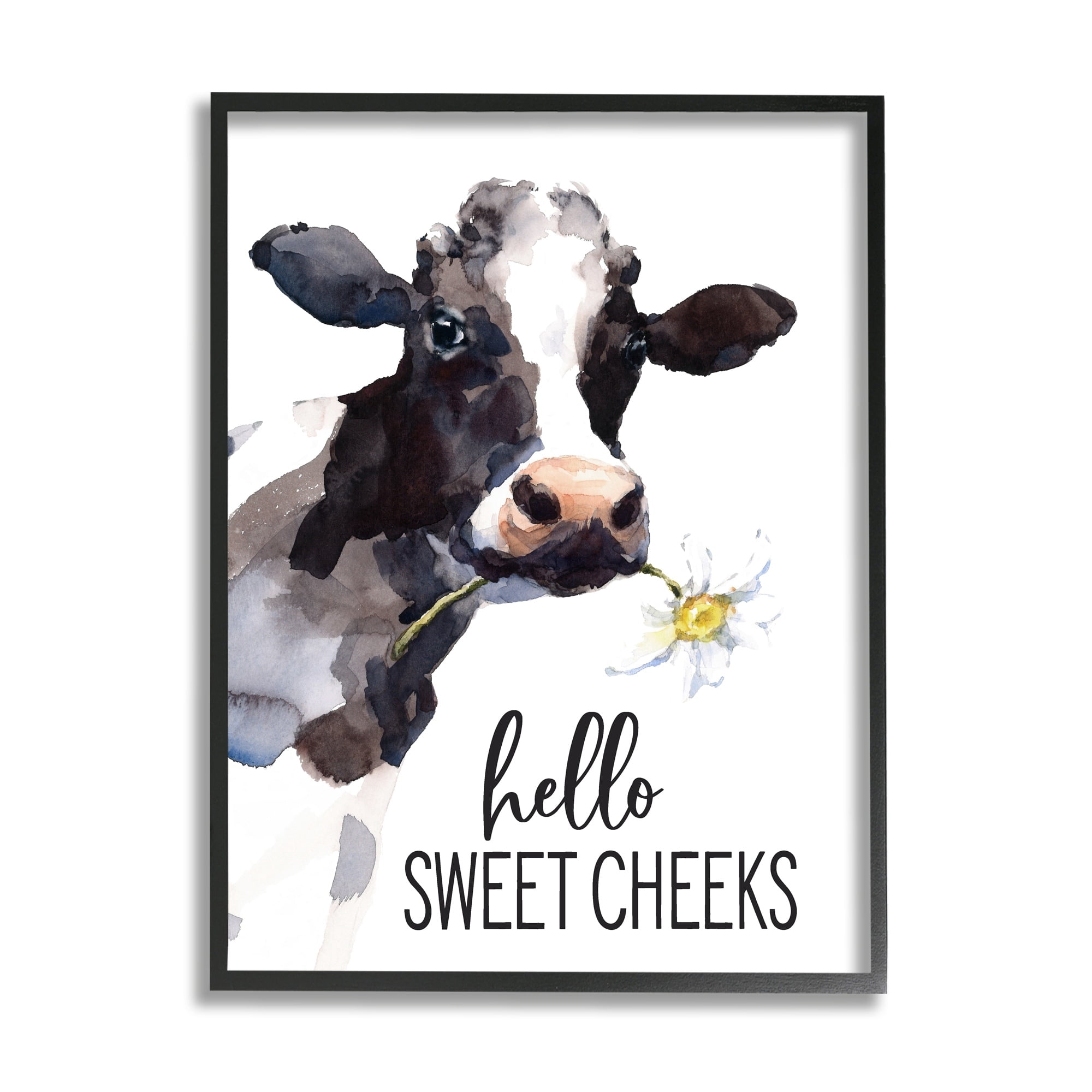 Stupell Industries Hello Sweet Cheeks Country Cow Cattle Holding Flower Graphic Art Black Framed Art Print Wall Art, Design by Lettered and Lined