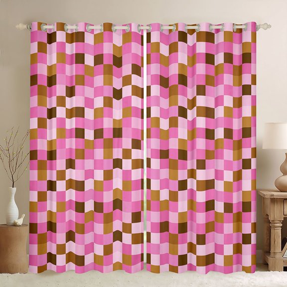 Homewish Kawaii Pink Brown Plaid Black Out Curtains, Vintage Game Abstract Curtains Pack of 2 (42x63 Each), Chic Square Rectangle Bedroom Curtains, Black Out Curtains Room Decor