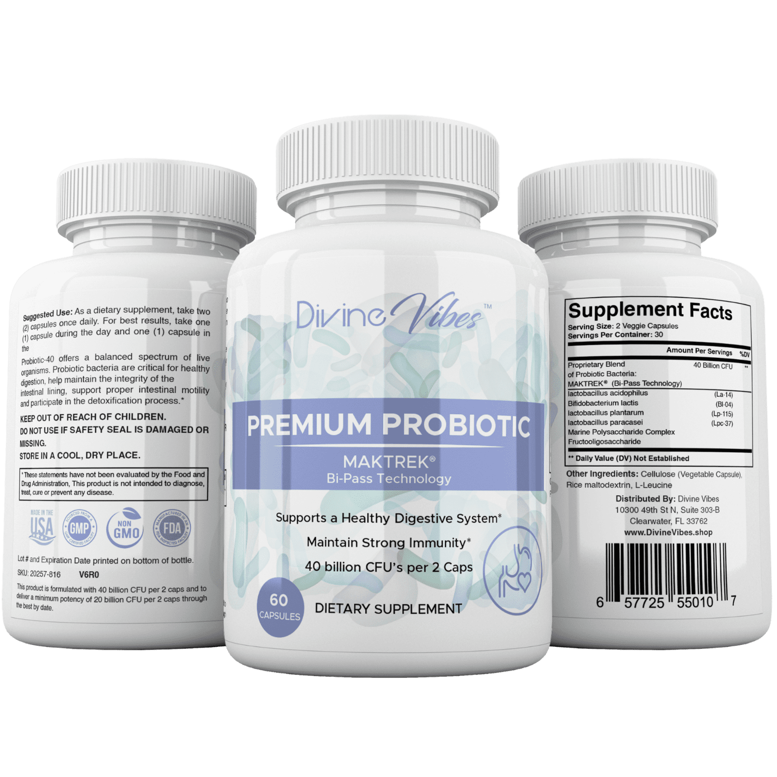 Divine Vibes Premium Probiotic 40 Billion CFU with MAKTrek Bi-Pass Technology – All Natural, Non-GMO, Gluten Free Digestive & Immune Support for Women & Men – 30 Day Supply – Made in USA