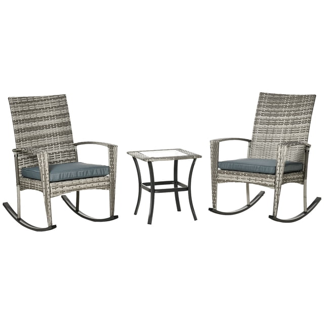 3-Piece Grey Patio Rocking Chair Set with Coffee Table - Outdoor PE Rattan Bistro Set for Deck, Backyard, Poolside Relaxation & Conversation
