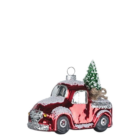 Sullivans Vintage Red Truck with Christmas Tree 4-inch Snowy Glass Christmas Ornament